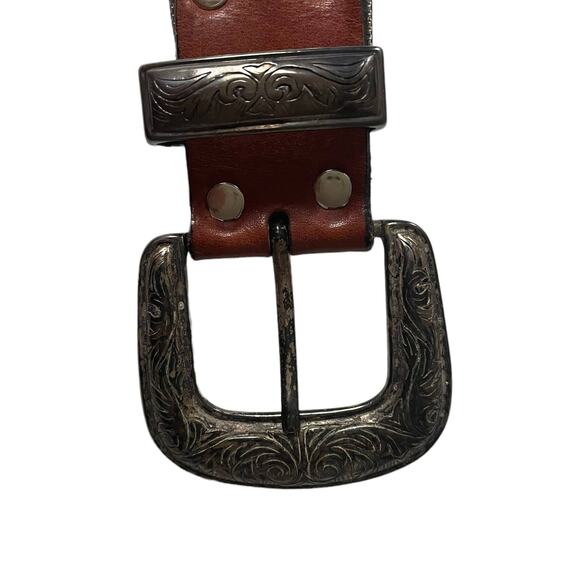 Vintage 1990s Boho Leather Medallion Belt Made in USA Brown Silver EUC - Picture 9 of 14